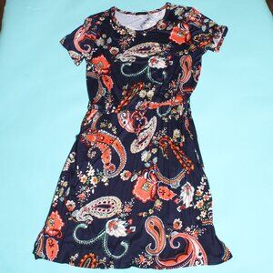 Navy Blue/Orange Paisley Dress Elastic Waistband